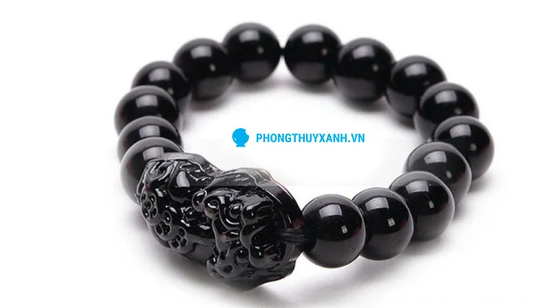 Vòng tay phong thủy đá huyền đen tỳ hưu - đường kính 14ly cho nam